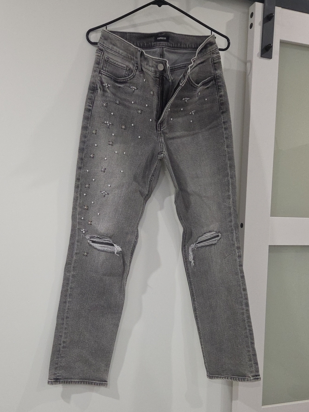 Express Gray Straight-Leg Jeans with Rhinestone Embellishment
